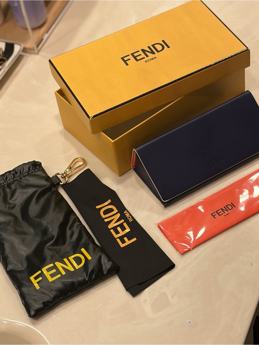 Fendi Navy Leather Sunglasses Case with Yellow Box and Black Pouch
